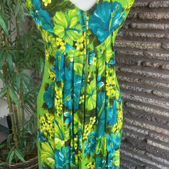 Hawaiian Togs Vintage Green Floral Barkcloth V Neck Draped Back Tiki Maxi Dress - Picture 4 of 14